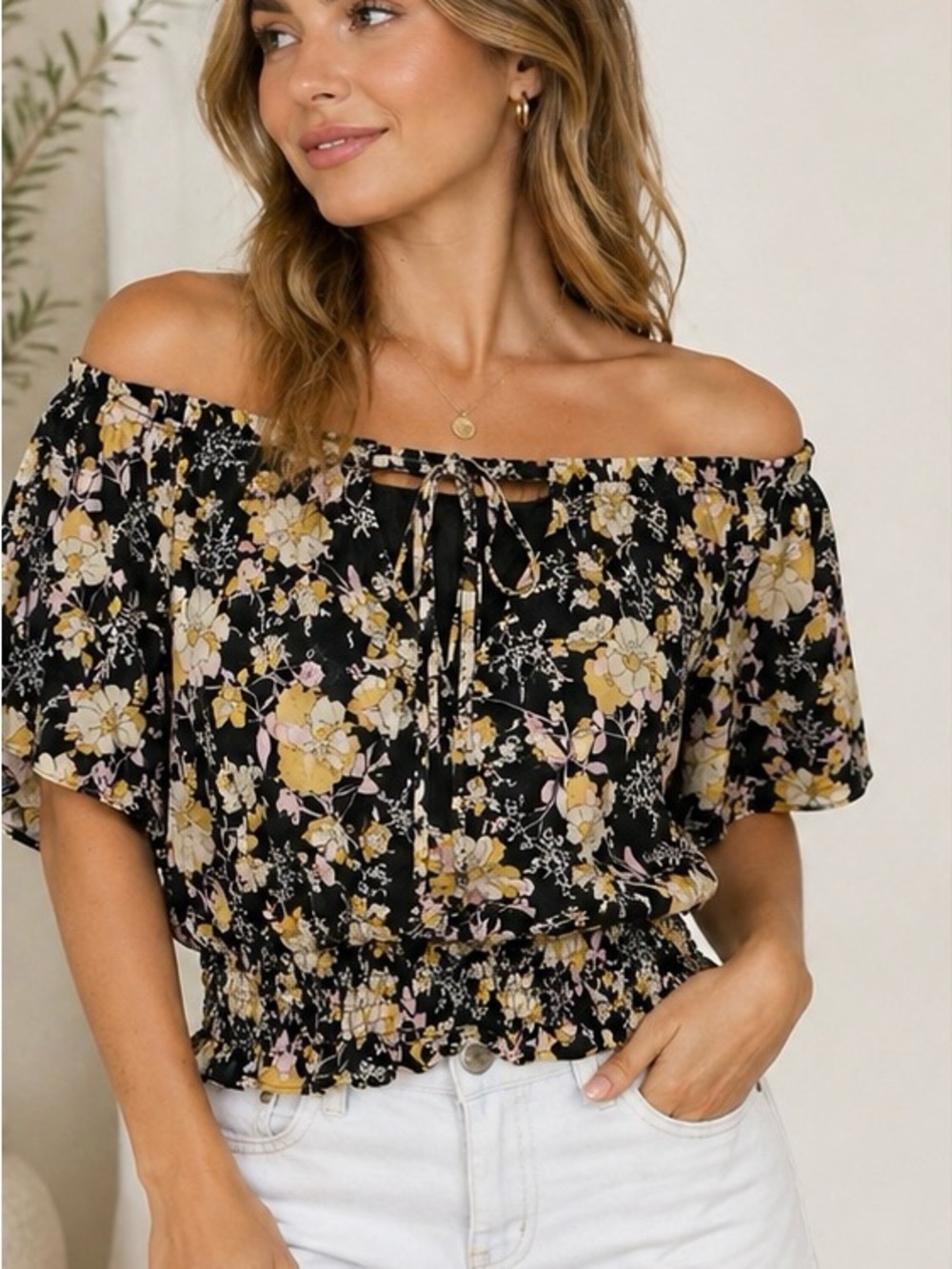 Lush Black Floral Off Shoulder Blouse Smocked Waist Boho Top Small